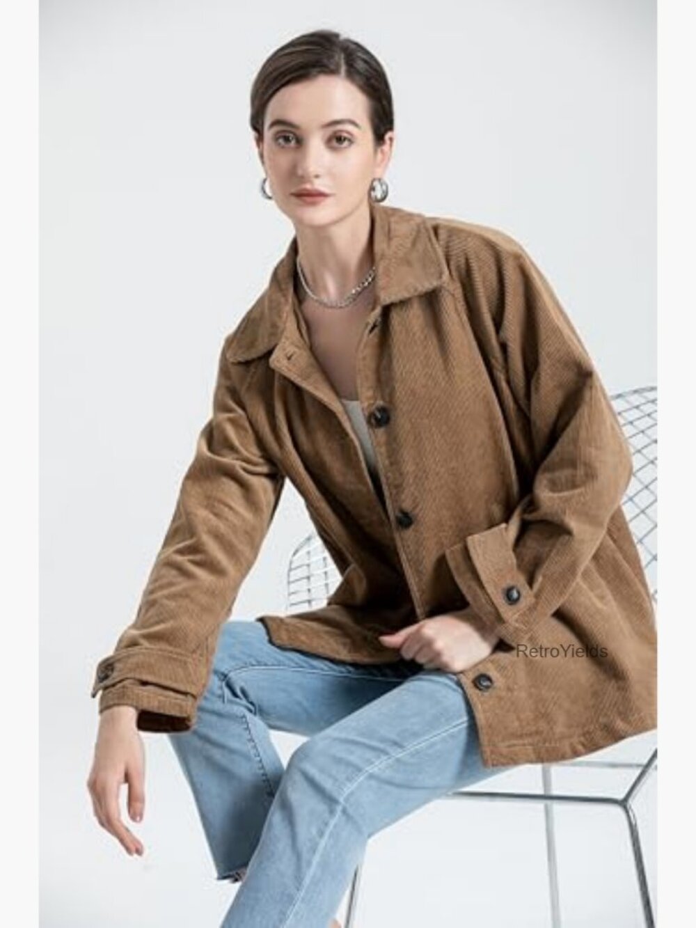 Women's Corduroy Button Down Coat Jacket With Pockets - Picture 5 of 7